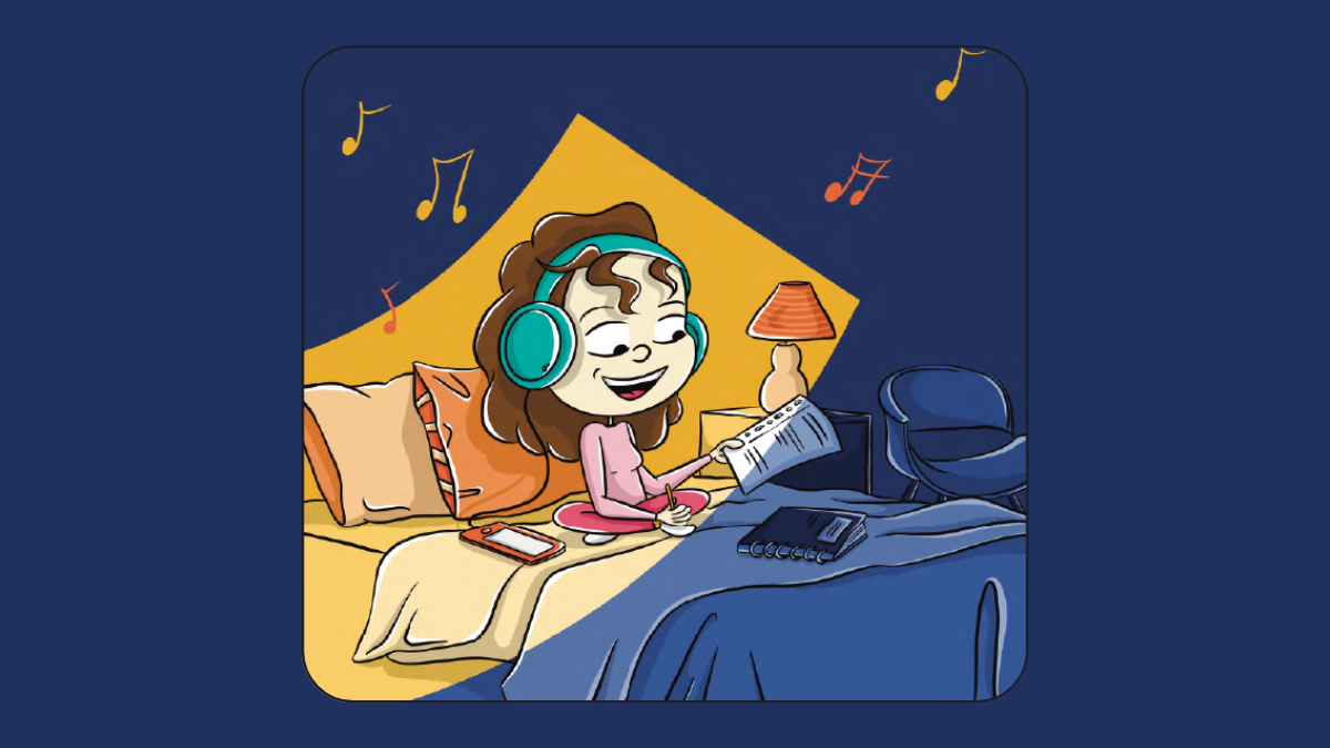 Illustrations d'une jeune fille en train d'écouter de la musique dans sa chambre