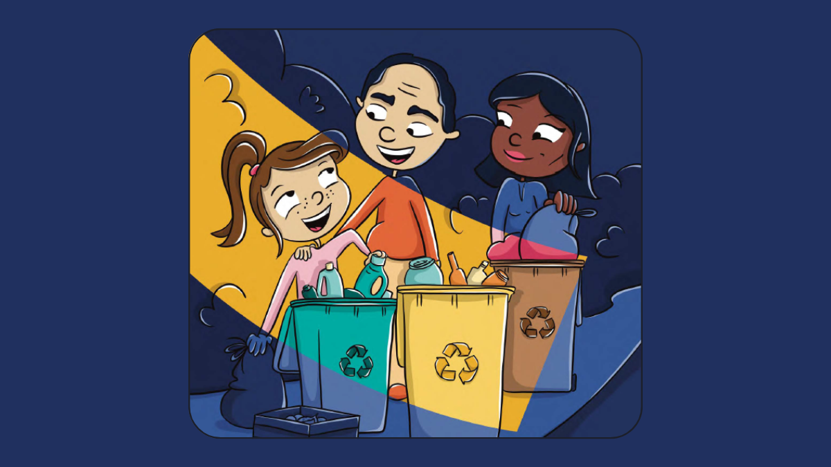 Illustration de 3 personnes en train de jeter des déchets dans une poubelle