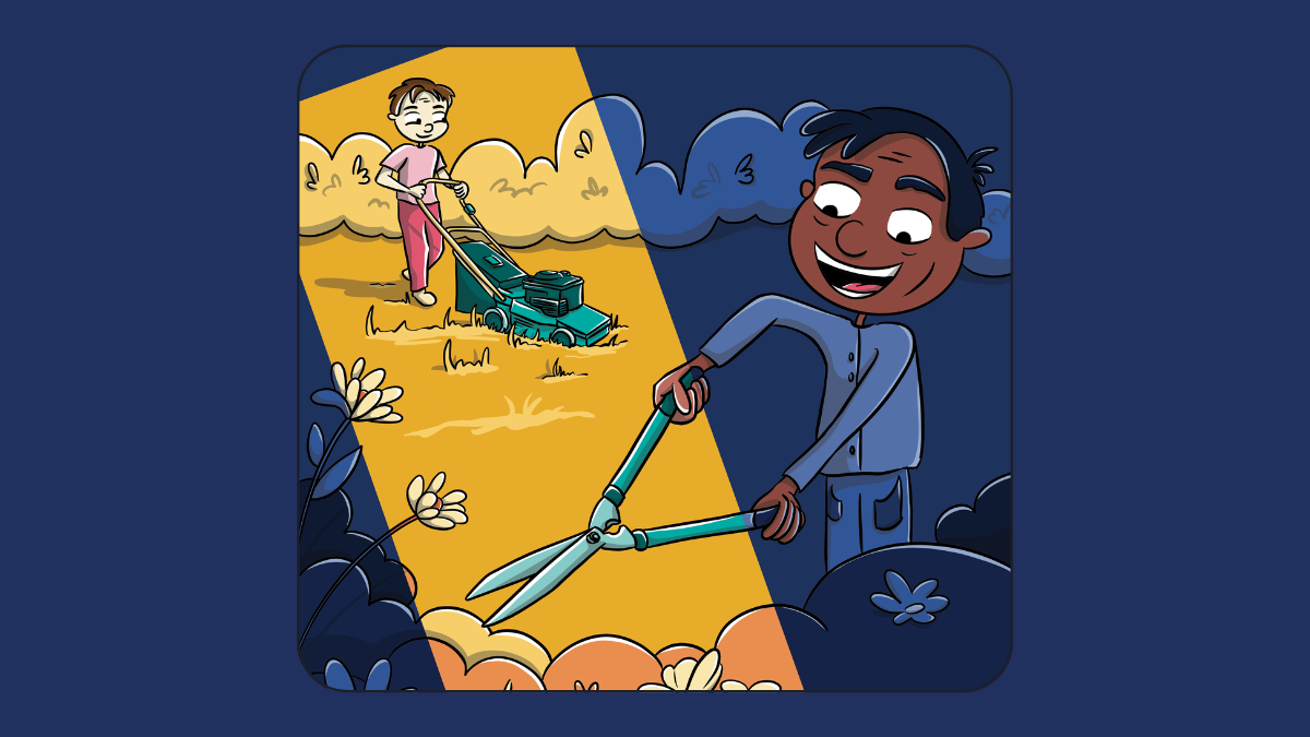 Illustration de 2 personnes en train d'entretenir leur jardin