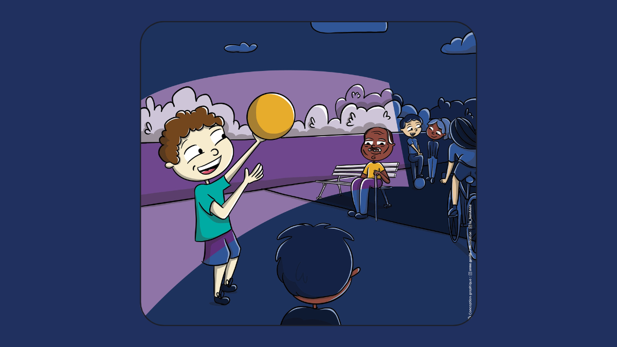 Illustration d'ados (l'un joue au basket, un autre fait du vélo, et d'autres discutent) et d'une personne âgée assise sur un banc