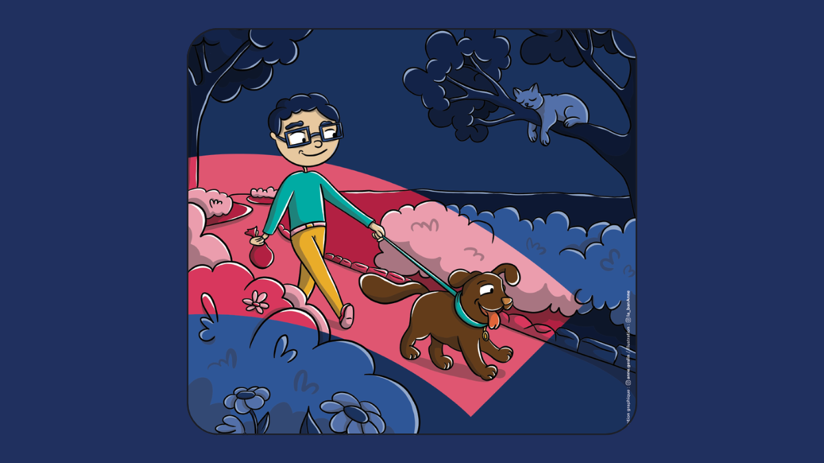 Illustration d'un homme tenant son chien en laisse dans un parc